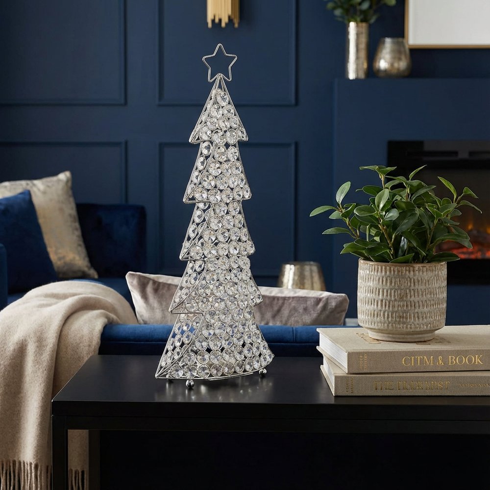 16" Glam Silver And Faux Crystals Christmas Tree Tabletop Sculpture HomeRoots