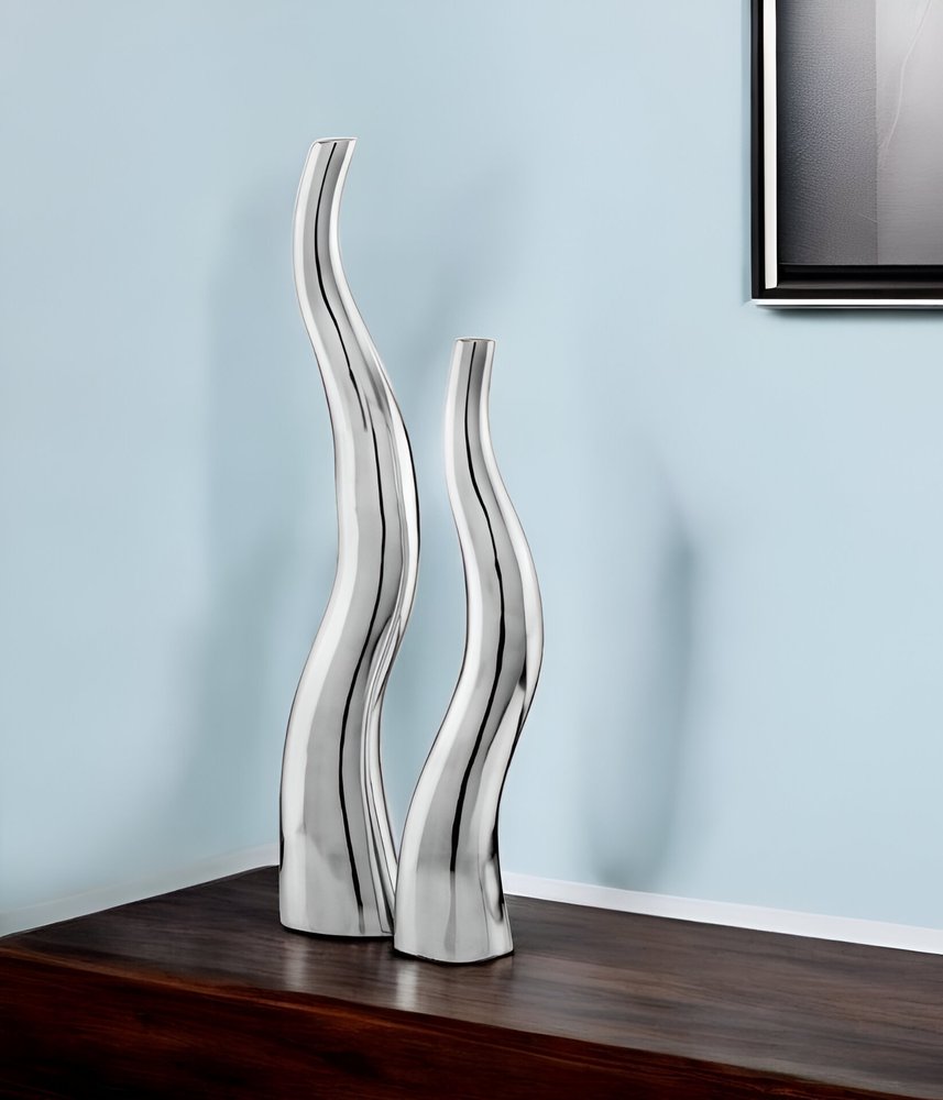 Set of Two Aluminum Silver Wavy Floor Vases HomeRoots