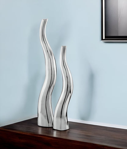 Set of Two Aluminum Silver Wavy Floor Vases HomeRoots