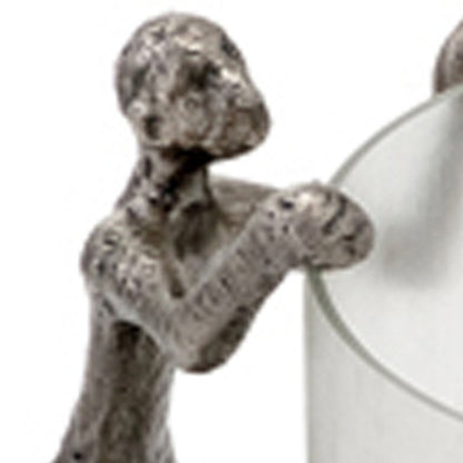 10" Silver And Glass Climbing Man Hurricane Candle Holder HomeRoots