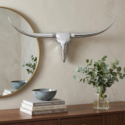 47" Silver Buffed Aluminum Long Horn Wall Sculpture HomeRoots