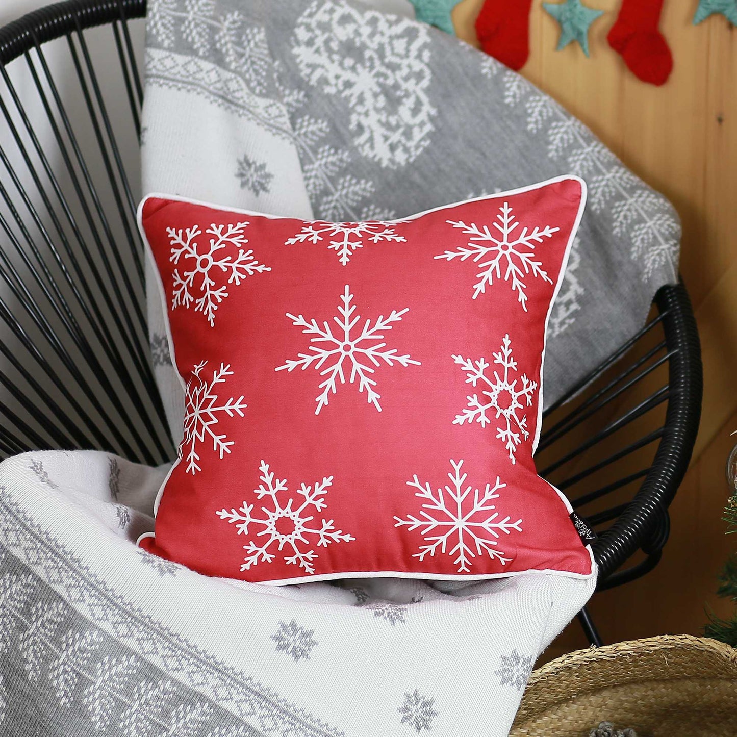 18" Red Christmas Snowflakes Decorative Throw Pillow Cover