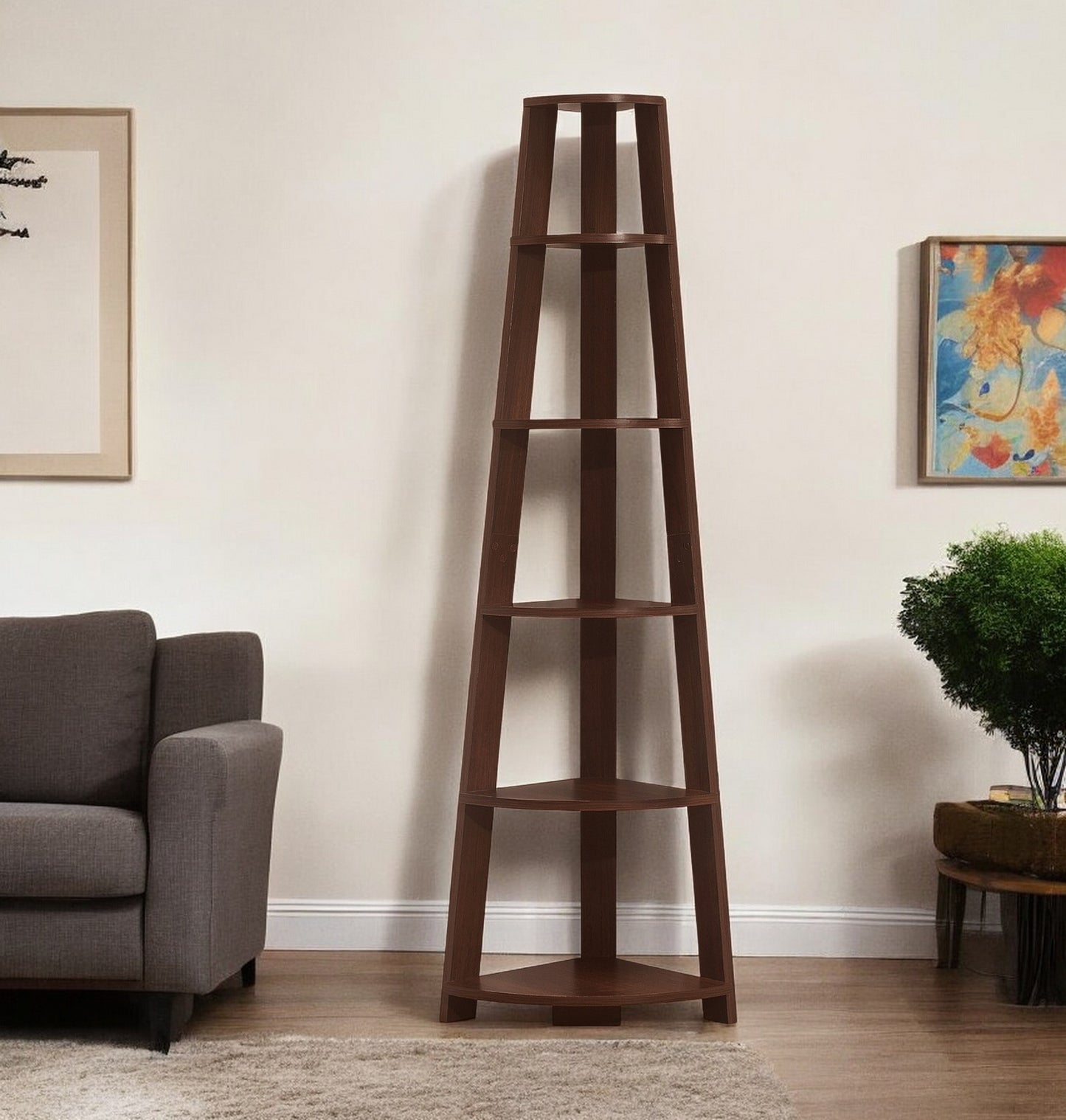 Brown Wood Five Tier Corner Bookcase