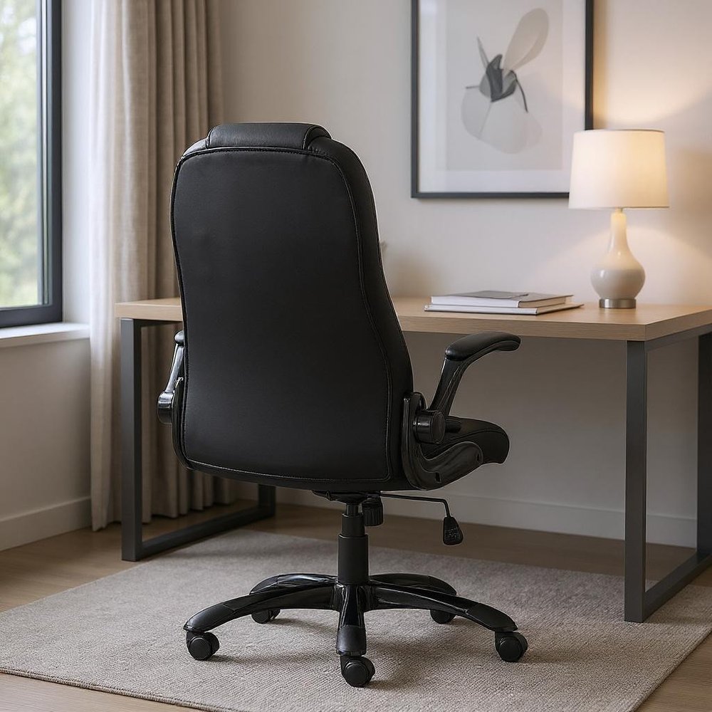 Black Faux Leather Tufted Seat Swivel Adjustable Executive Chair Leather Back Steel Frame HomeRoots