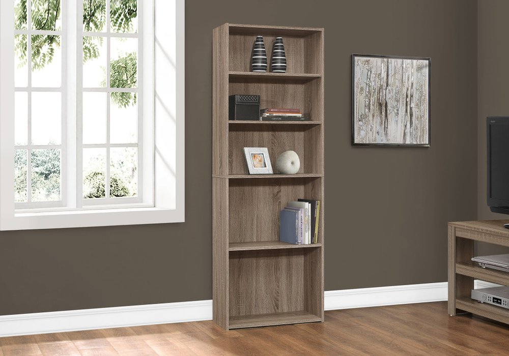 71" Taupe Distressed Wood Adjustable Five Tier Bookcase HomeRoots