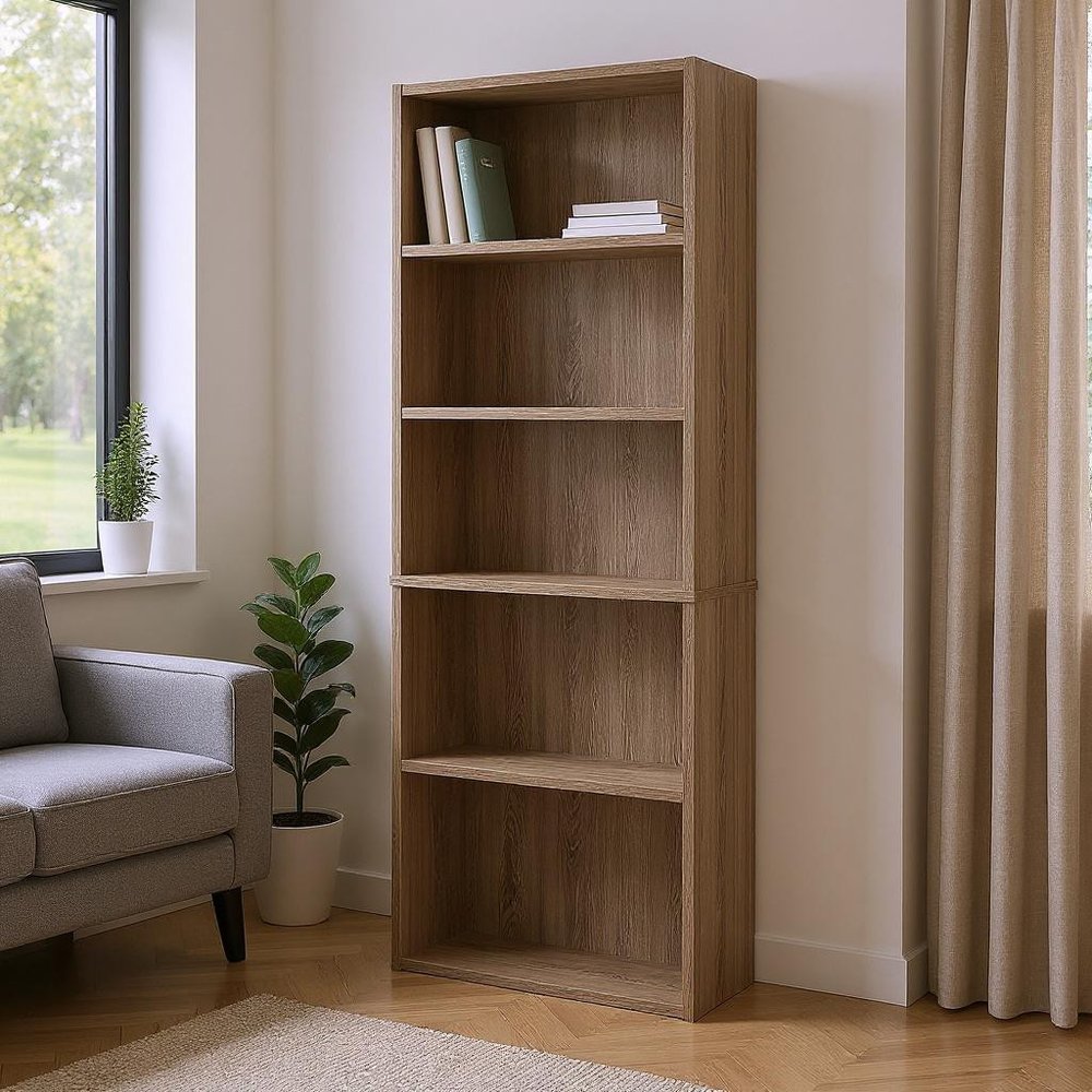 71" Taupe Distressed Wood Adjustable Five Tier Bookcase HomeRoots