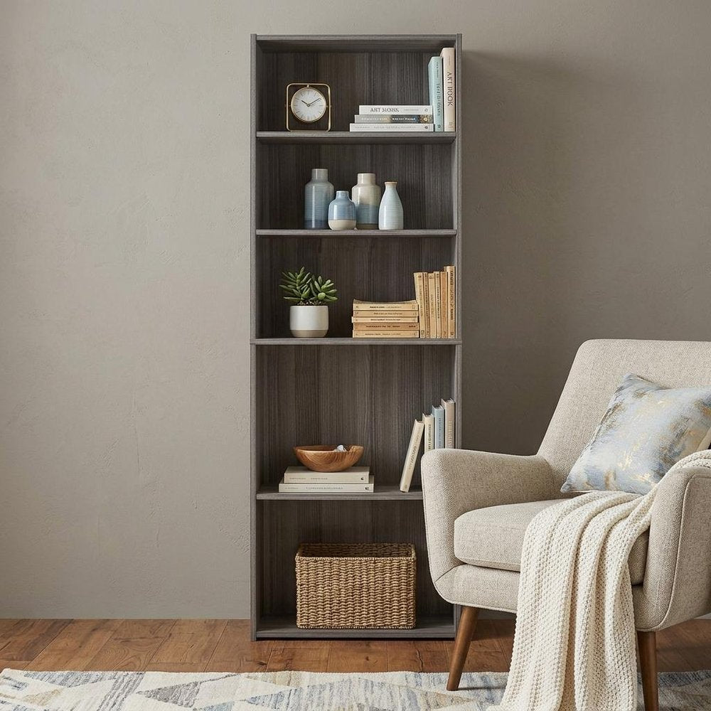 71" Gray Wood Adjustable Five Tier Bookcase HomeRoots