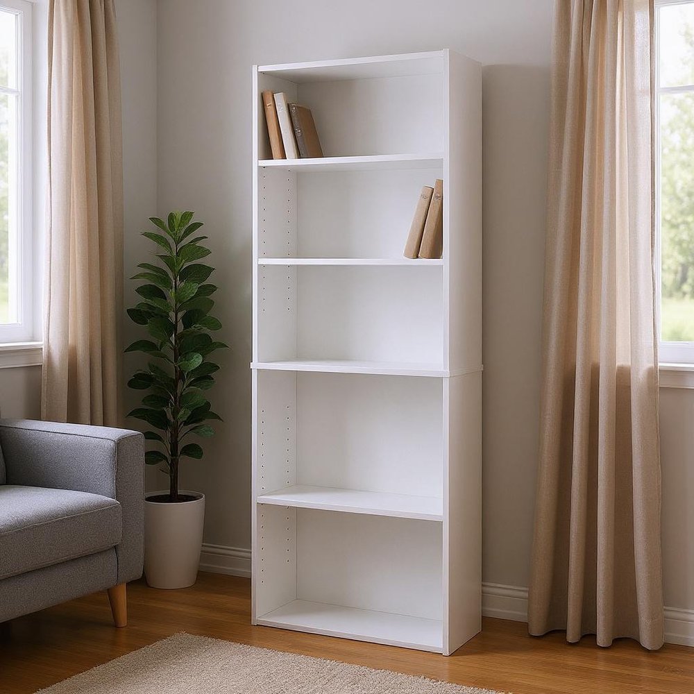71" White Wood Adjustable Five Tier Bookcase HomeRoots