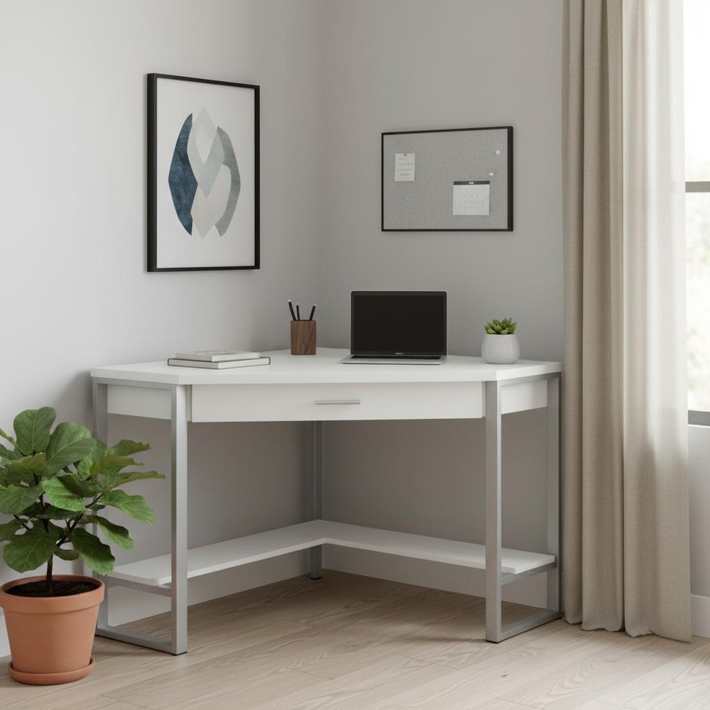 42" White and Silver Corner Computer Desk HomeRoots