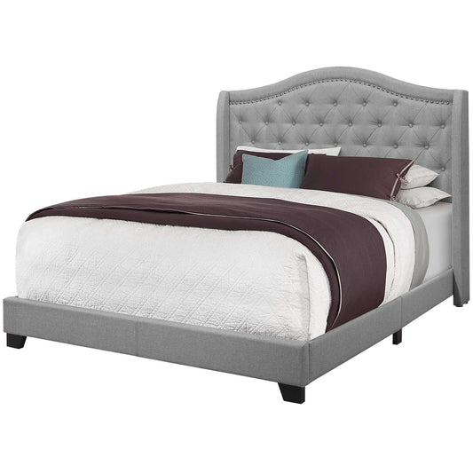 Solid Wood Queen Tufted Gray Upholstered Linen Bed With Nailhead Trim - FurniFindUSA