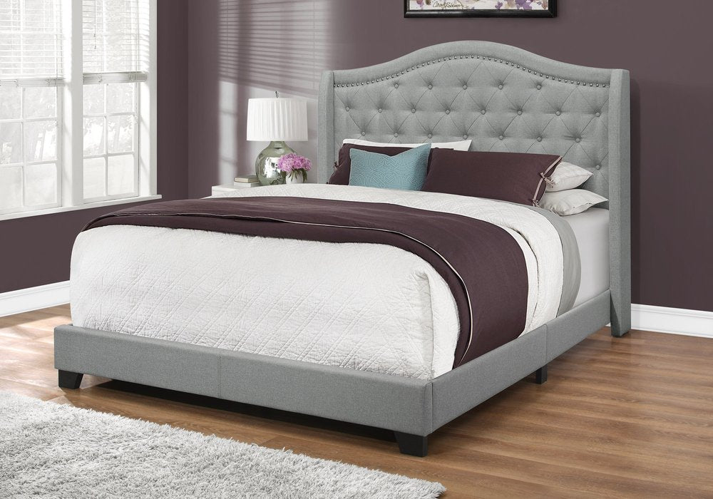 Solid Wood Queen Tufted Gray Upholstered Linen Bed With Nailhead Trim HomeRoots