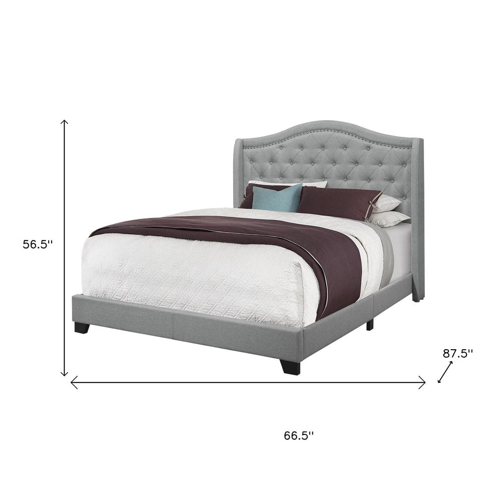 Solid Wood Queen Tufted Gray Upholstered Linen Bed With Nailhead Trim HomeRoots