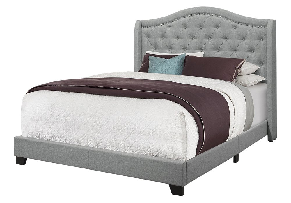 Solid Wood Queen Tufted Gray Upholstered Linen Bed With Nailhead Trim HomeRoots