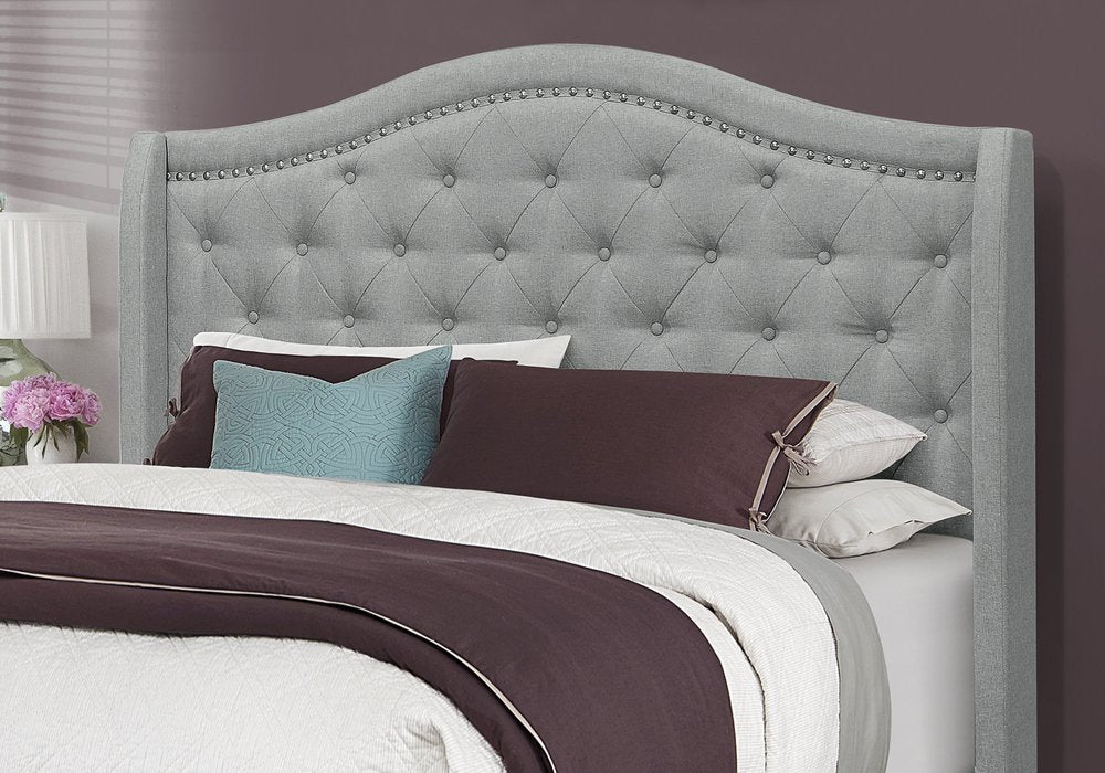 Solid Wood Queen Tufted Gray Upholstered Linen Bed With Nailhead Trim HomeRoots
