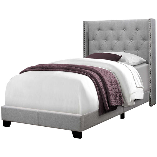 Solid Wood Twin Tufted Gray Upholstered Linen Bed With Nailhead Trim - FurniFindUSA