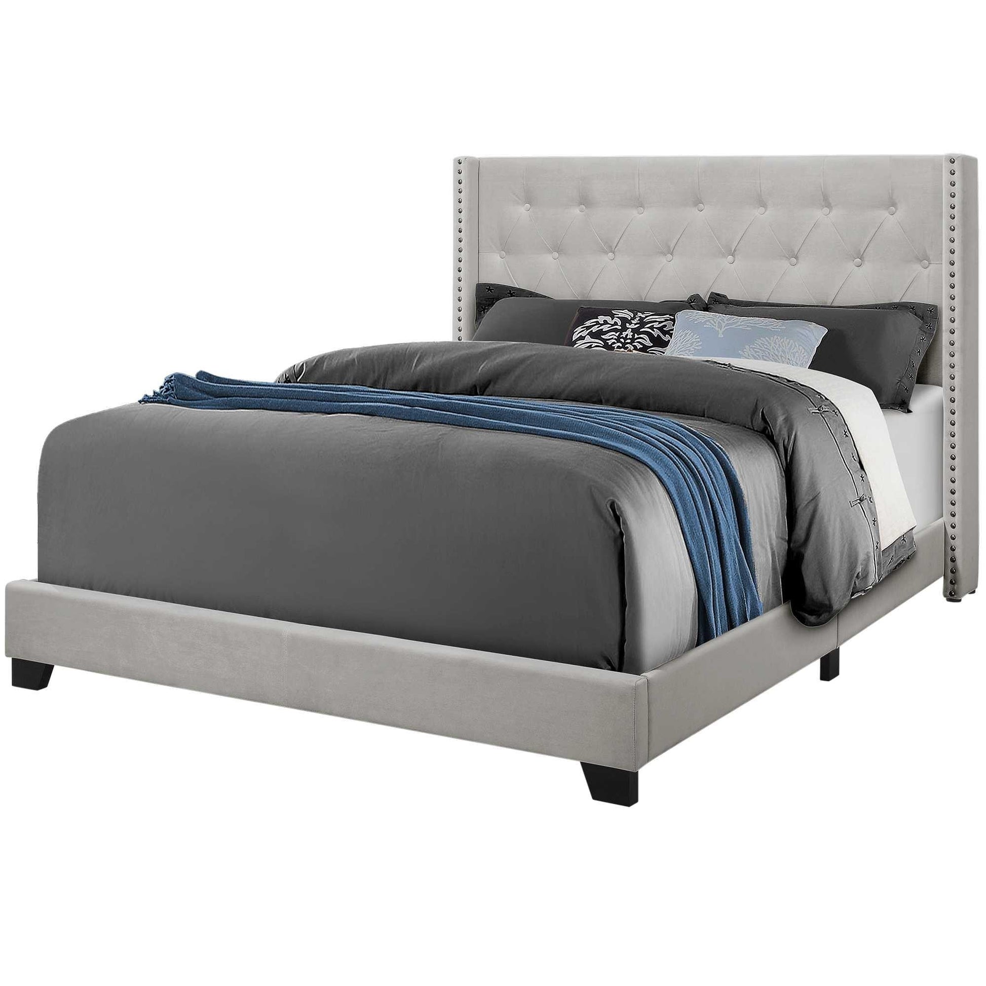 Solid Wood Queen Tufted Gray And Light Gray Upholstered Velvet Bed With Nailhead Trim - FurniFindUSA