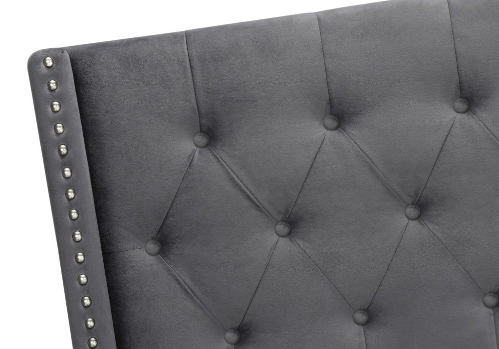 Solid Wood Queen Tufted Gray Upholstered Velvet Bed With Nailhead Trim HomeRoots