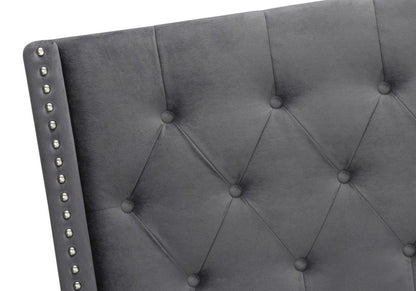Solid Wood Queen Tufted Gray Upholstered Velvet Bed With Nailhead Trim HomeRoots