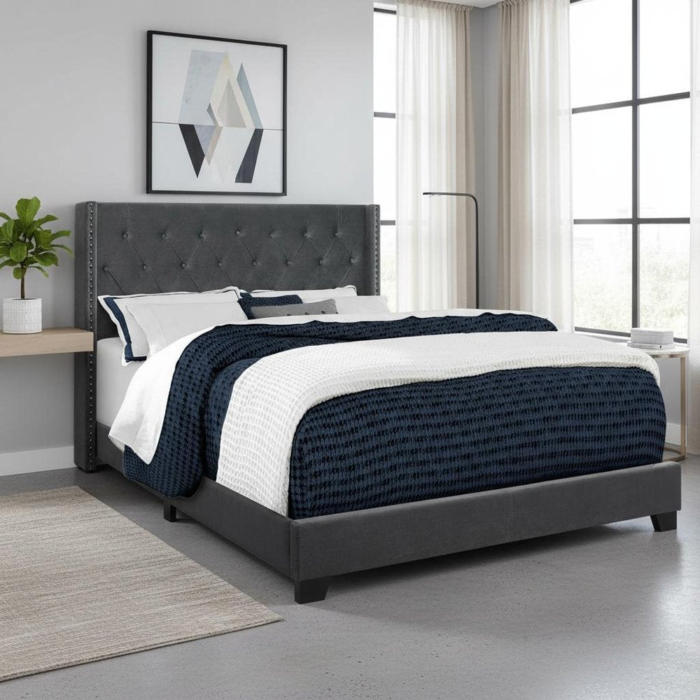 Solid Wood Queen Tufted Gray Upholstered Velvet Bed With Nailhead Trim HomeRoots