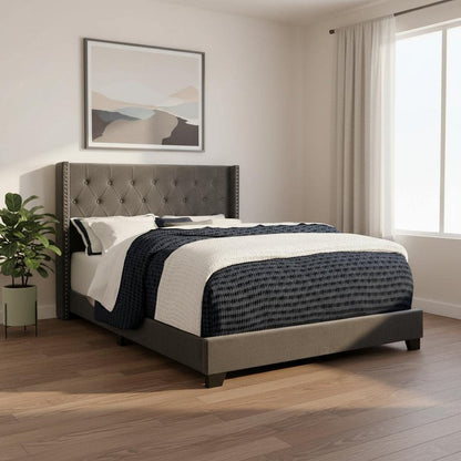 Solid Wood Queen Tufted Gray Upholstered Velvet Bed With Nailhead Trim HomeRoots