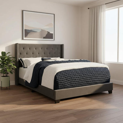 Black And Dark Gray Upholstered Queen Bed Frame With Nailhead Trim
