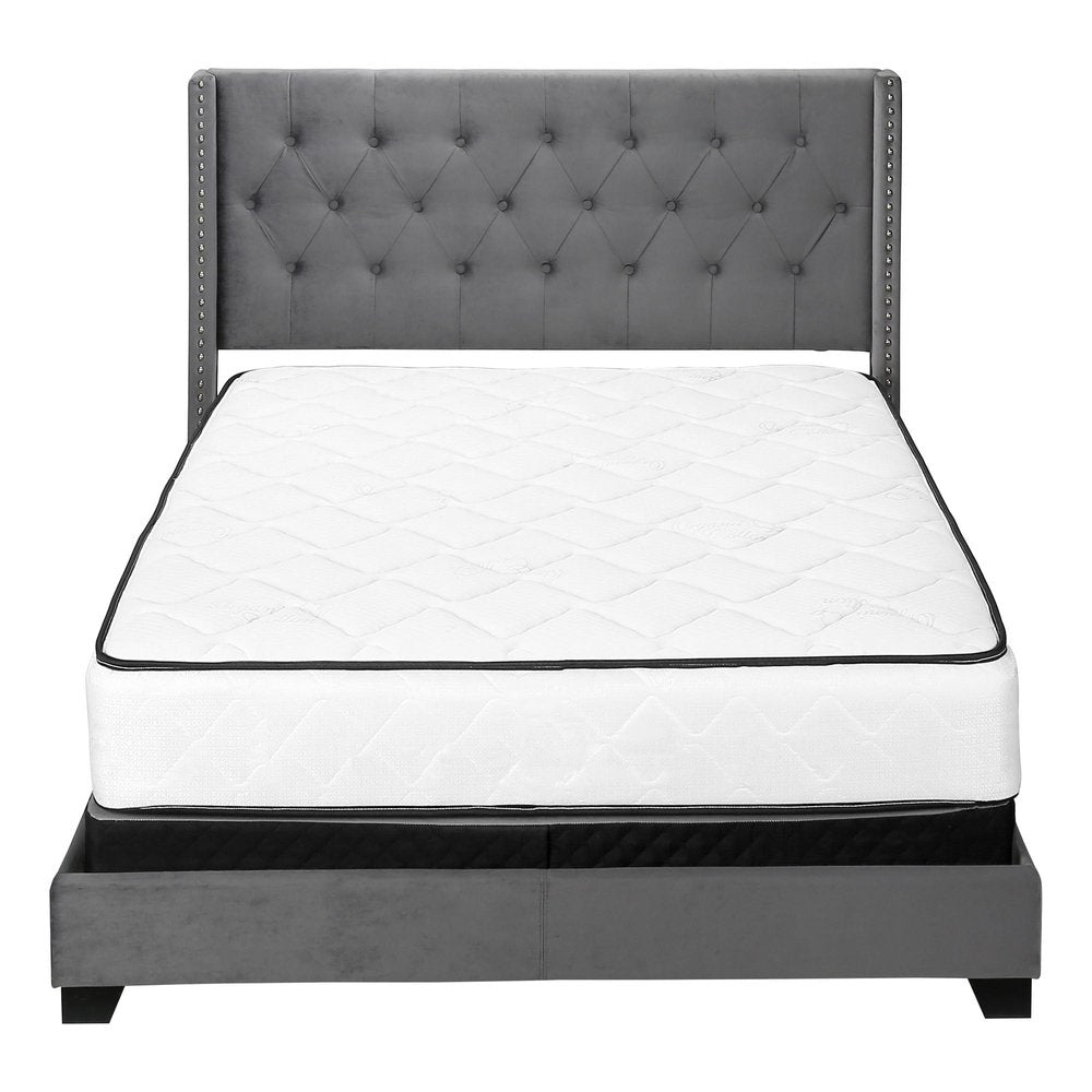 Solid Wood Queen Tufted Gray Upholstered Velvet Bed With Nailhead Trim HomeRoots