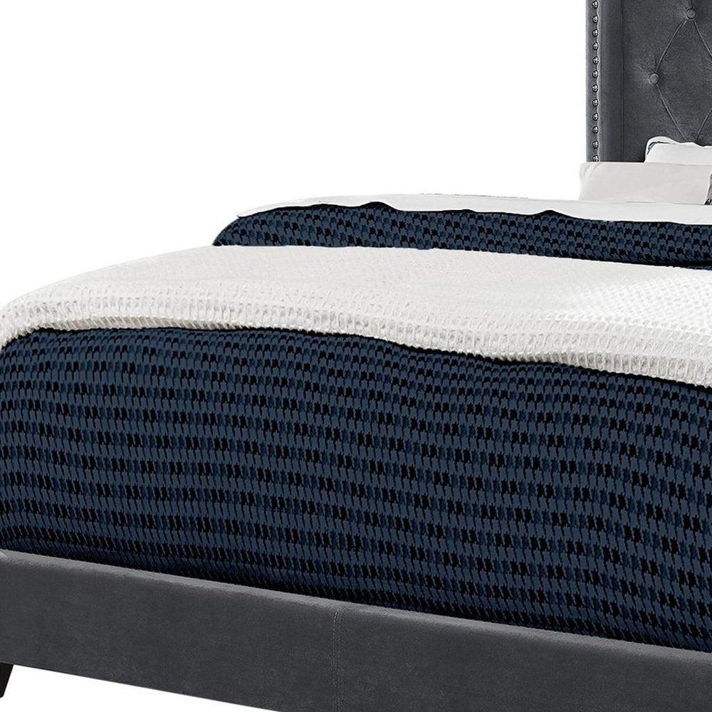 Solid Wood Queen Tufted Gray Upholstered Velvet Bed With Nailhead Trim HomeRoots
