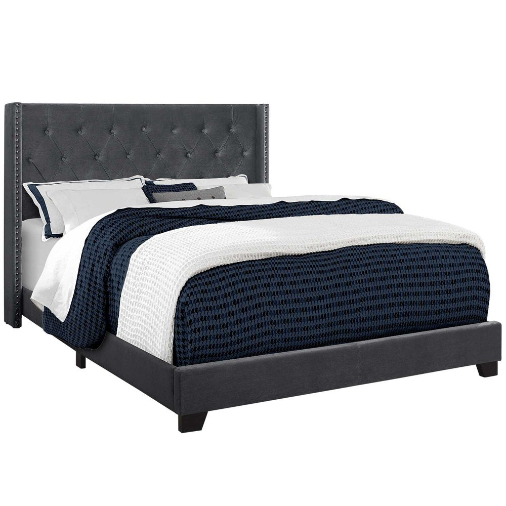 Solid Wood Queen Tufted Gray Upholstered Velvet Bed With Nailhead Trim HomeRoots