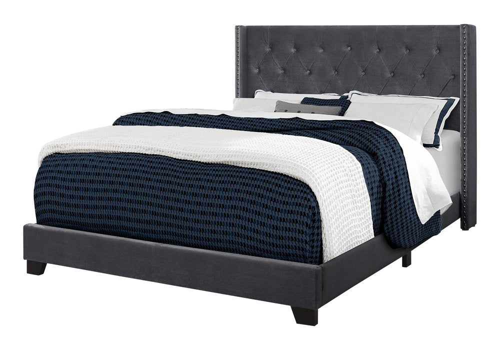 Solid Wood Queen Tufted Gray Upholstered Velvet Bed With Nailhead Trim HomeRoots