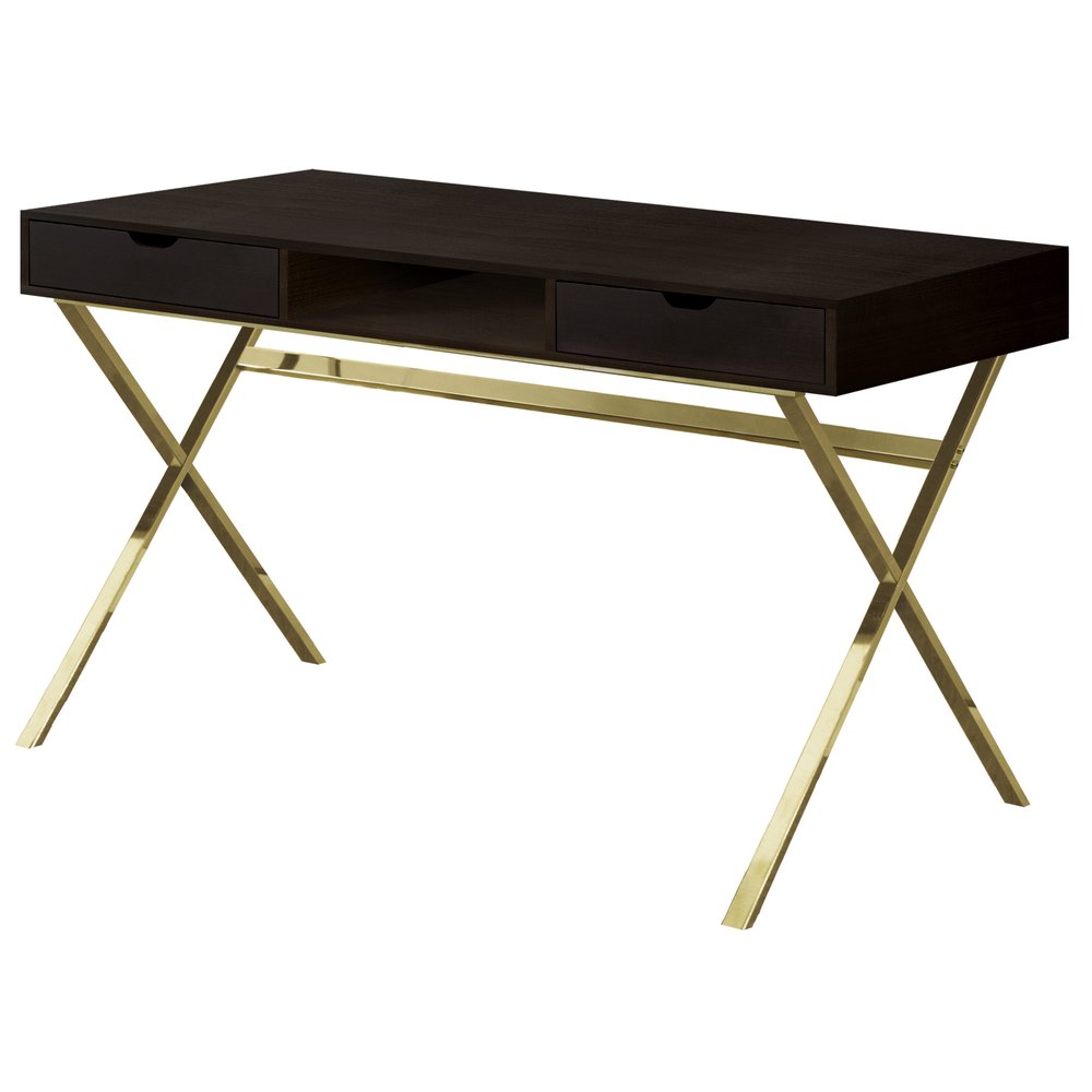47" Dark Brown and Gold Computer Desk With Two Drawers HomeRoots