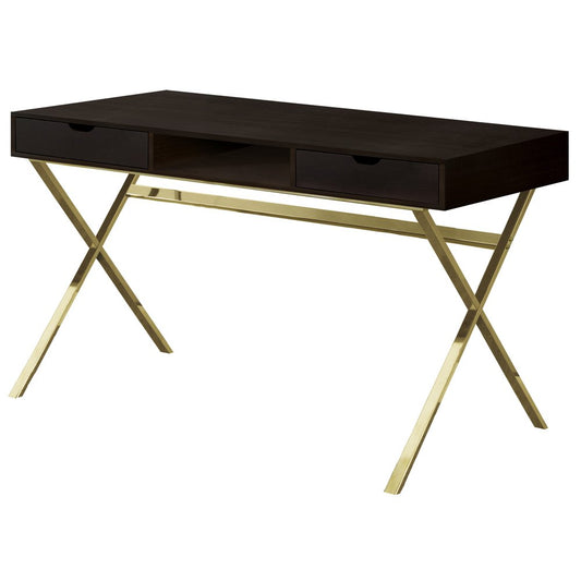 47" Dark Brown and Gold Computer Desk With Two Drawers HomeRoots