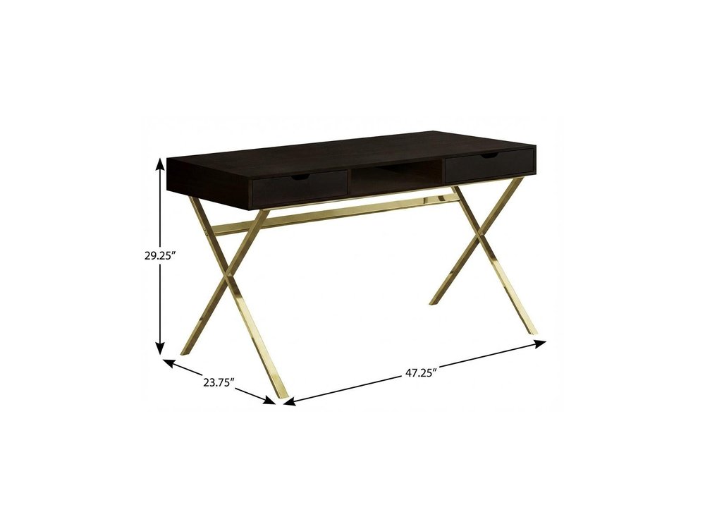47" Dark Brown and Gold Computer Desk With Two Drawers HomeRoots
