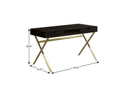 47" Dark Brown and Gold Computer Desk With Two Drawers HomeRoots