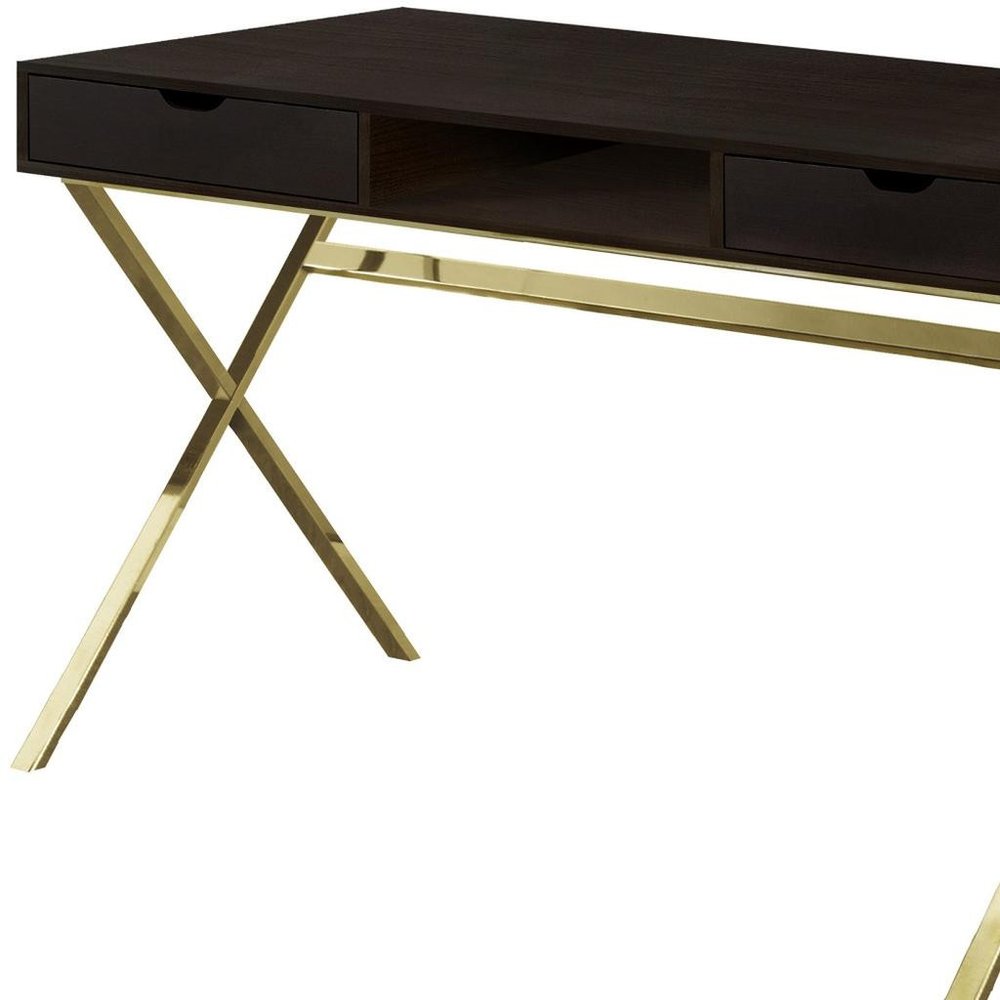 47" Dark Brown and Gold Computer Desk With Two Drawers HomeRoots
