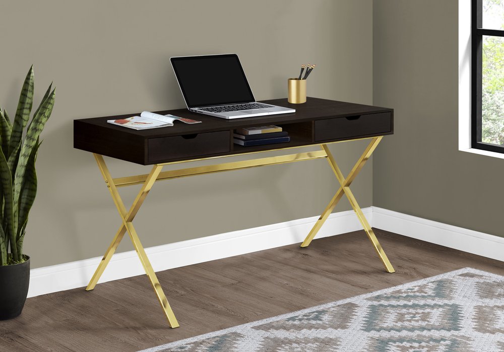 47" Dark Brown and Gold Computer Desk With Two Drawers HomeRoots