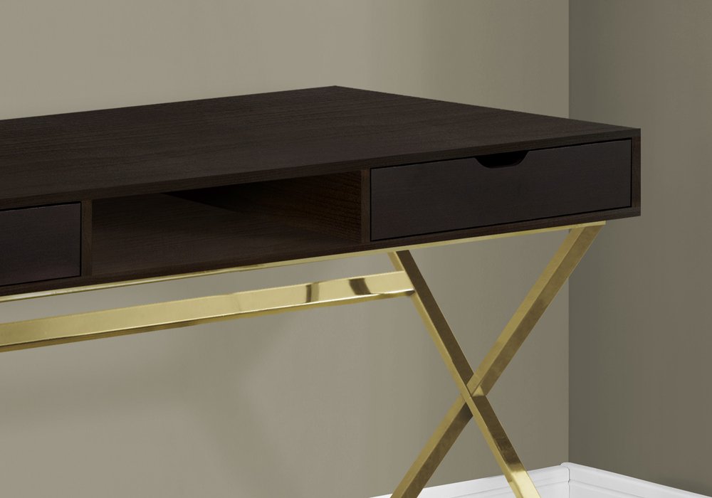 47" Dark Brown and Gold Computer Desk With Two Drawers HomeRoots