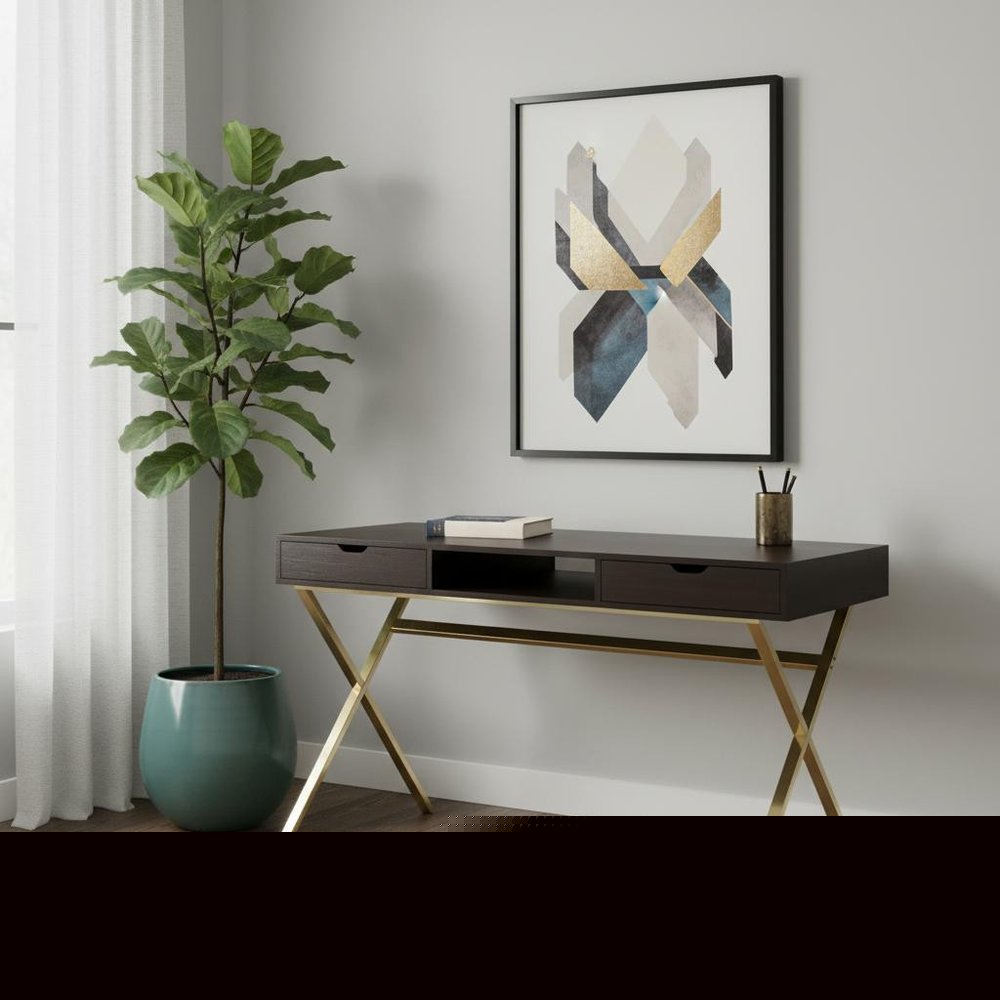 47" Dark Brown and Gold Computer Desk With Two Drawers HomeRoots