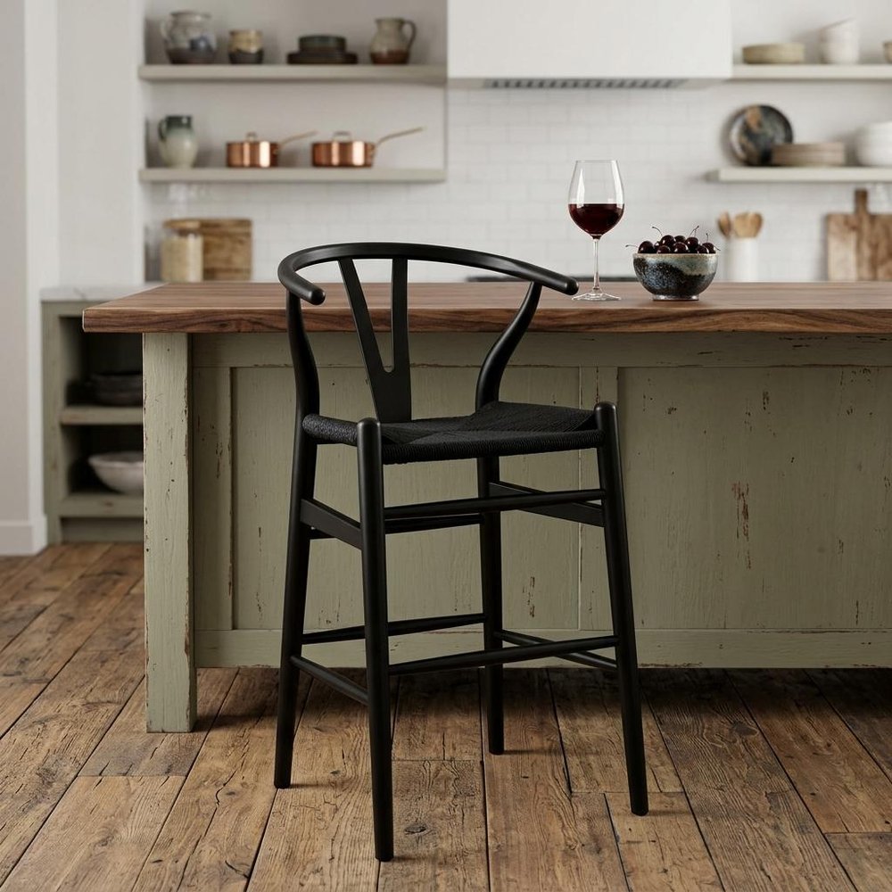 26" Black Rush And Solid Wood Counter Height Bar Chair HomeRoots