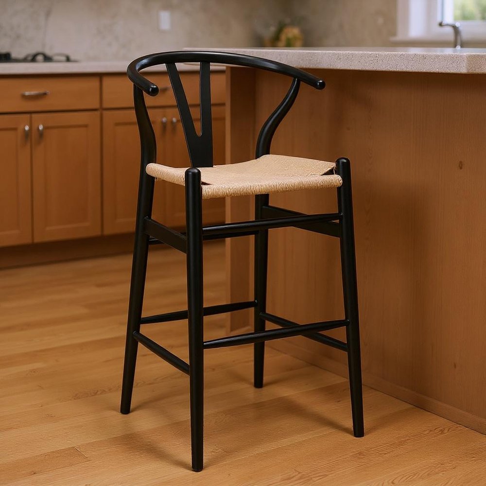 30" Natural And Black Rush And Solid Wood Low Back Counter Height Bar Chair HomeRoots