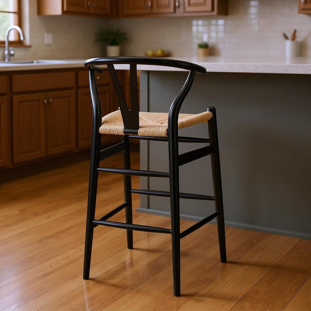 30" Natural And Black Rush And Solid Wood Low Back Counter Height Bar Chair HomeRoots