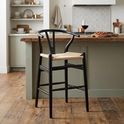 26" Natural And Black Rush And Solid Wood Counter Height Bar Chair HomeRoots