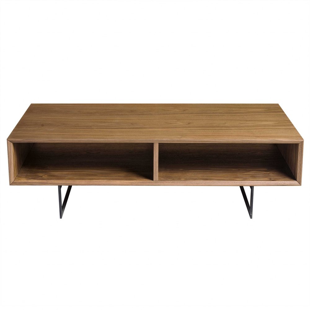 47" Brown and Black Wood And Metal Sled Coffee Table With Two Shelves HomeRoots
