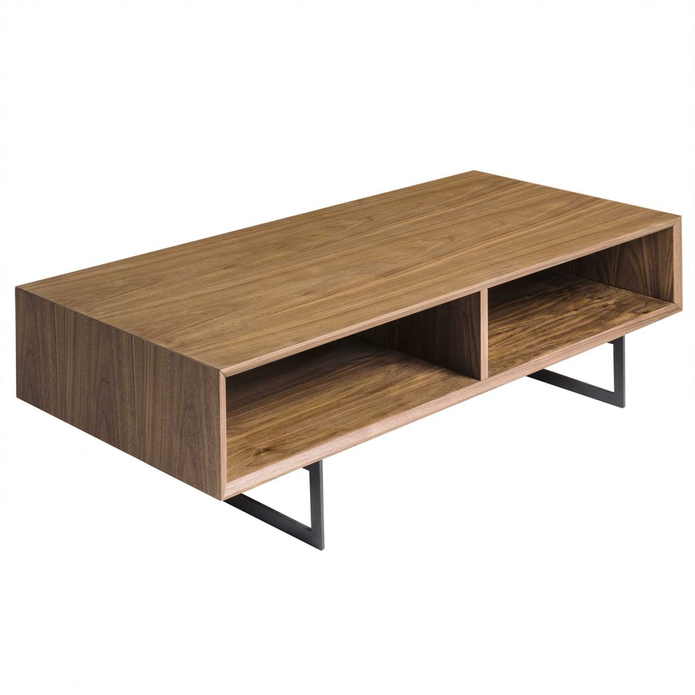 47" Brown and Black Wood And Metal Sled Coffee Table With Two Shelves HomeRoots