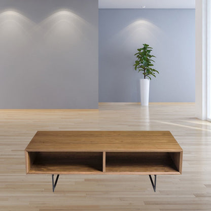 47" Brown and Black Wood And Metal Sled Coffee Table With Two Shelves HomeRoots