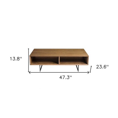 47" Brown and Black Wood And Metal Sled Coffee Table With Two Shelves HomeRoots