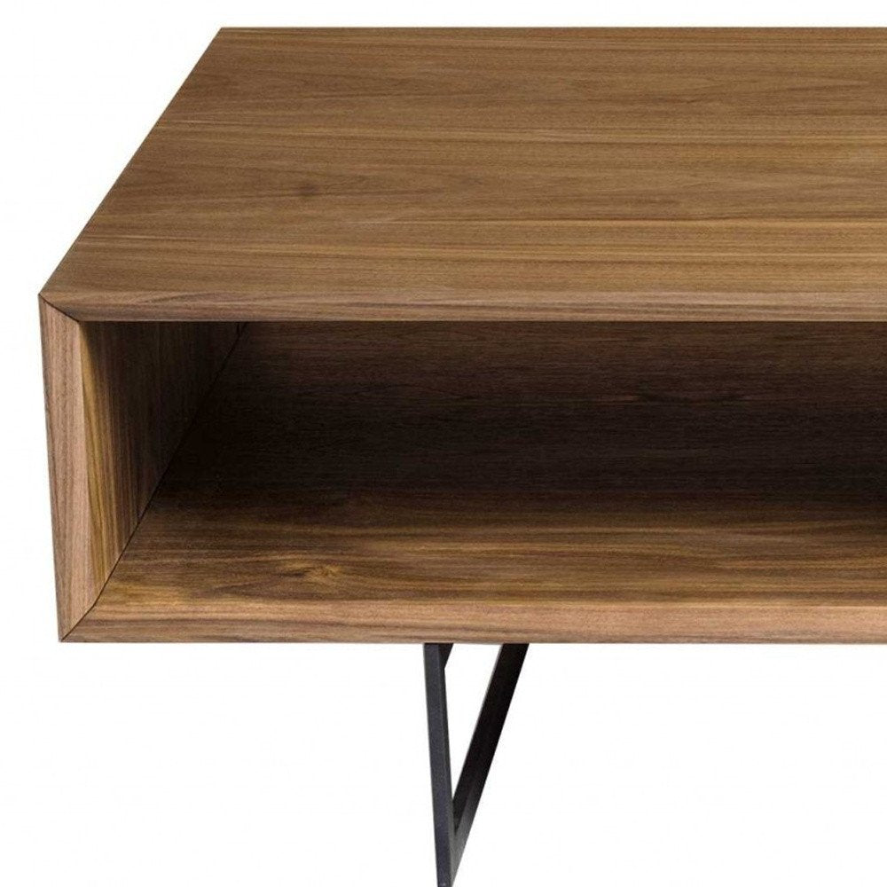 47" Brown and Black Wood And Metal Sled Coffee Table With Two Shelves HomeRoots