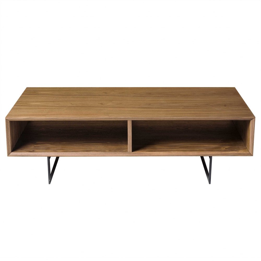 47" Brown and Black Wood And Metal Sled Coffee Table With Two Shelves HomeRoots