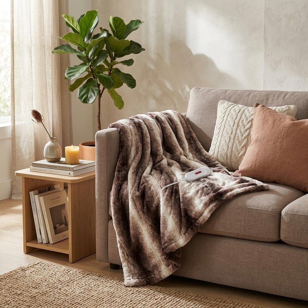 50" X 60" Brown And White Modern Contemporary Heated  Throw Blankets HomeRoots