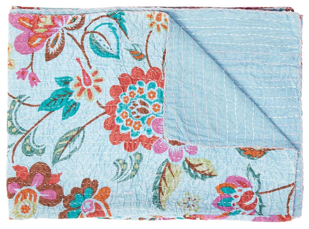 50" X 70" Blue and Brown Kantha Cotton Floral Throw Blanket with Embroidery HomeRoots
