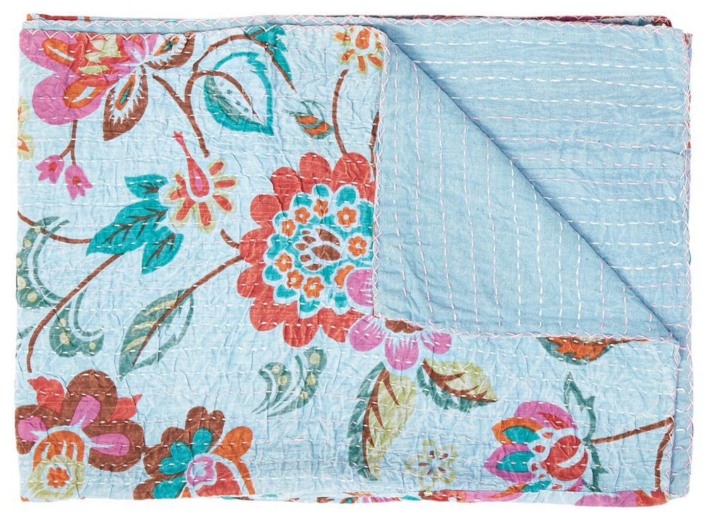 50" X 70" Pink and Red Kantha Cotton Floral Throw Blanket with Embroidery HomeRoots